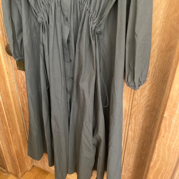 Zara Long Button Down Cinch Front Gray Cotton Dress - Picture 6 of 9